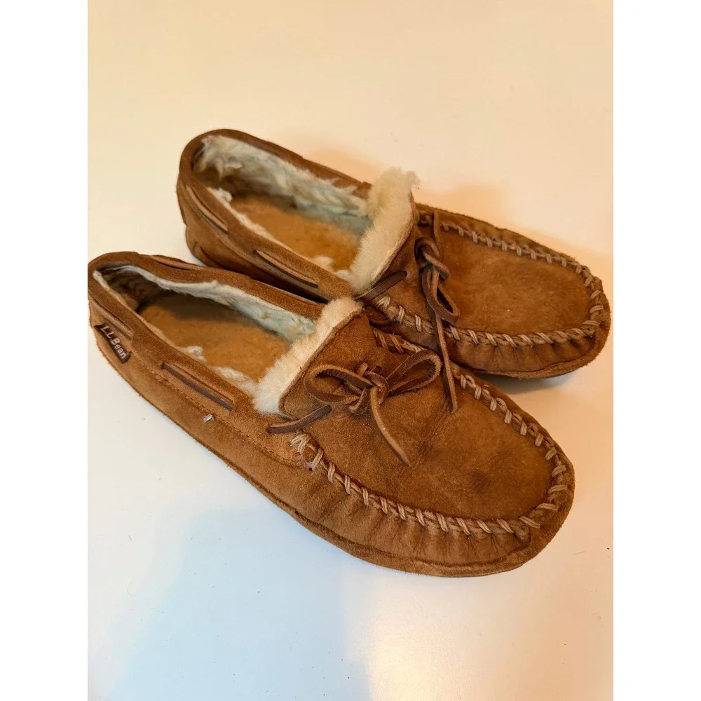 L.L.Bean Wicked Good Moccasin Mens Size 7‎ Brown Shearling Suede Slippers